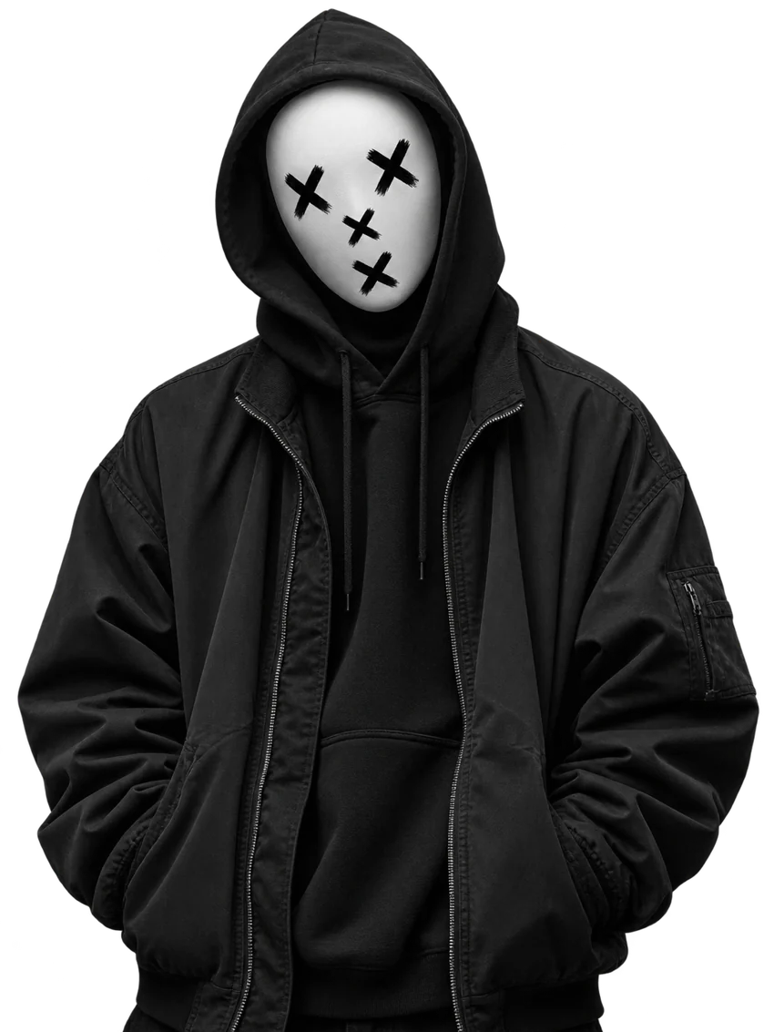 Anonymous person in a black hood wearing a white mask with X marks for eyes, nose, and mouth